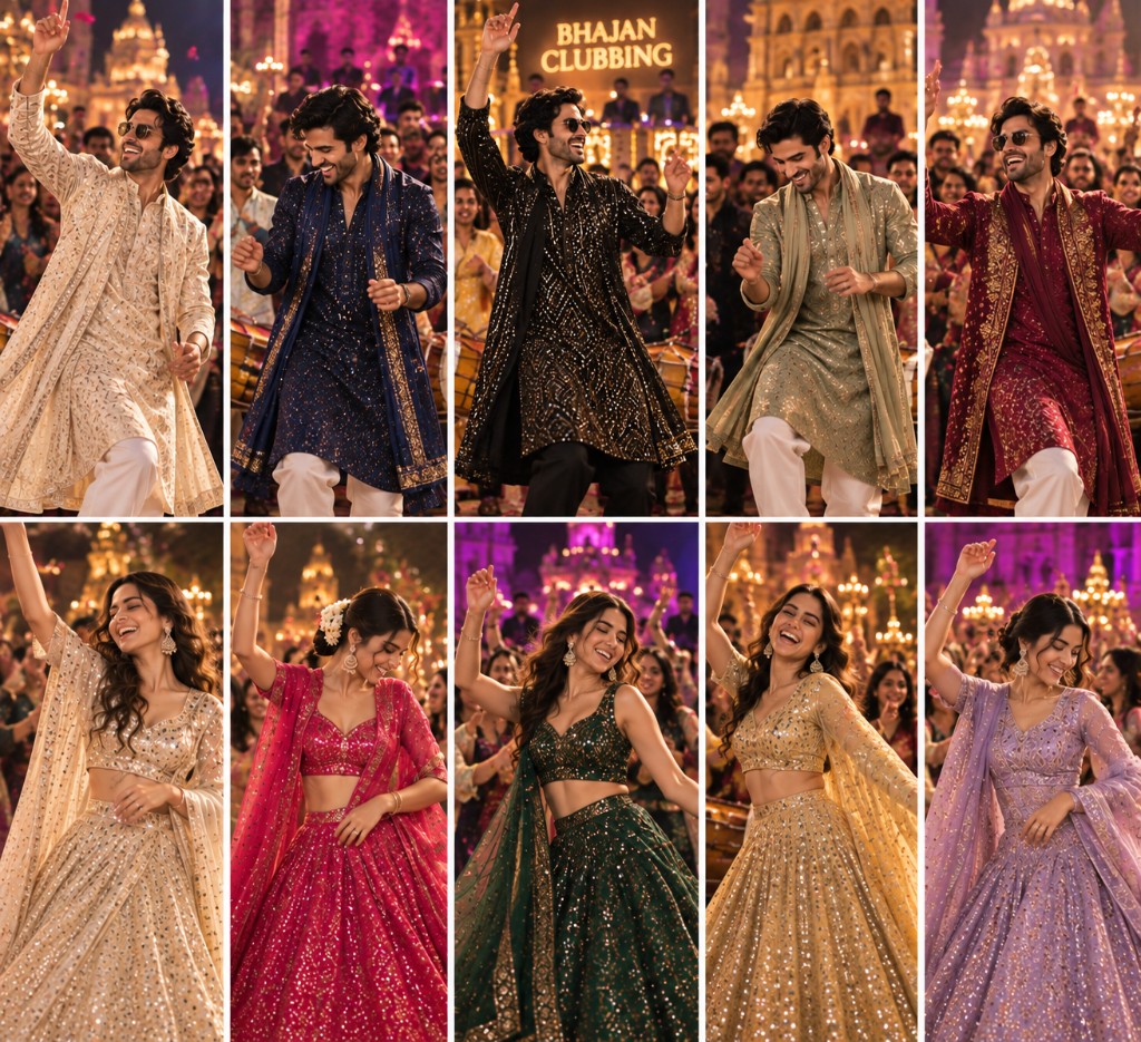 Look Book for Bhajan Clubbing — sherwanis, sequins, and festive lehengas