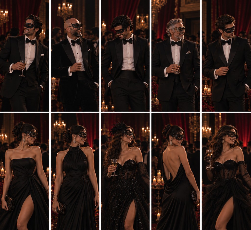 Look Book for The Masquerade — black-tie tuxedos, gowns, and masks