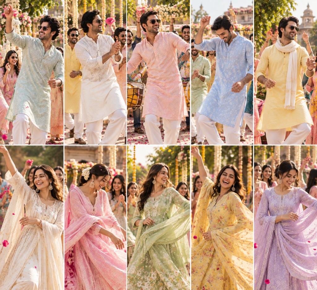 Look Book for Mehendi — festive pastel kurtas and suits