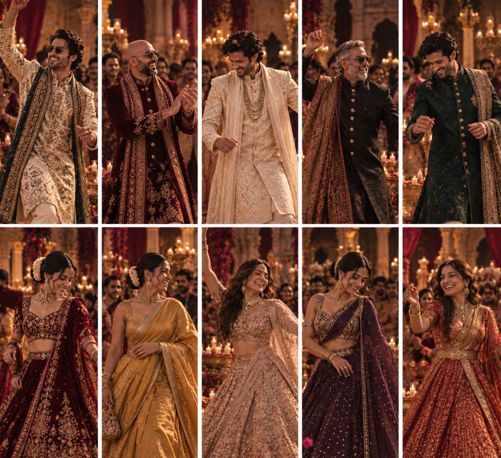 Look Book for The Wedding — sherwanis, sarees, and lehengas